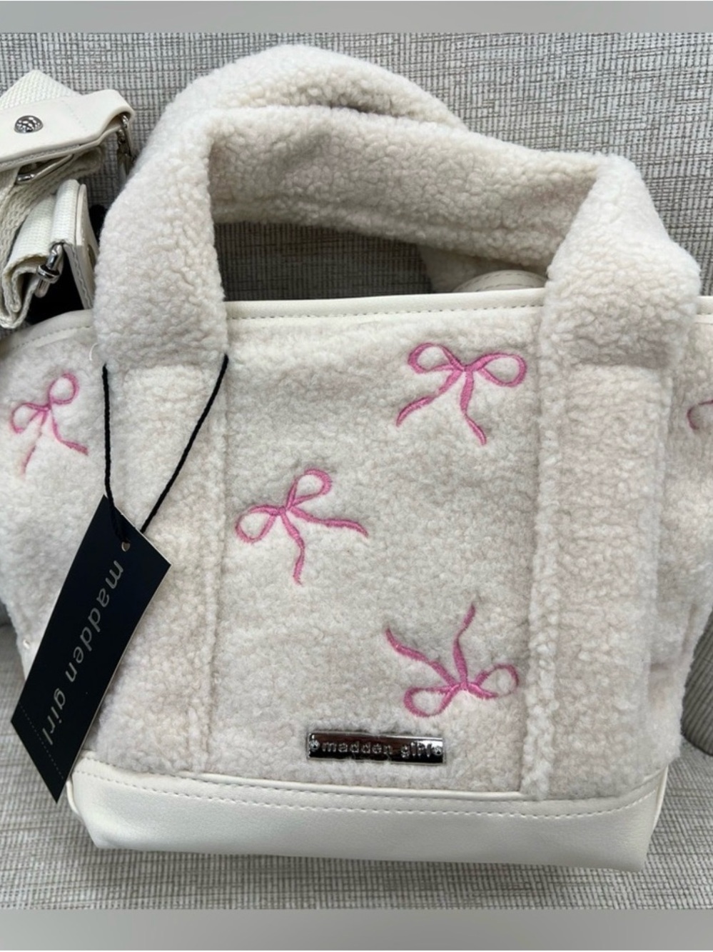Madden Girl Cream Sherpa Tote with Pink Bow Embroidery
